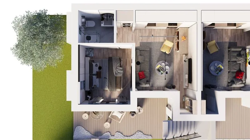 Top-down 3D plan of an apartment