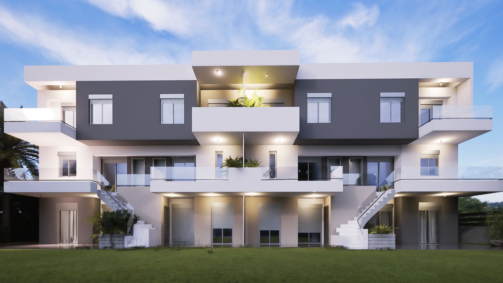 Neoi Epivates apartment building exterior at dusk
