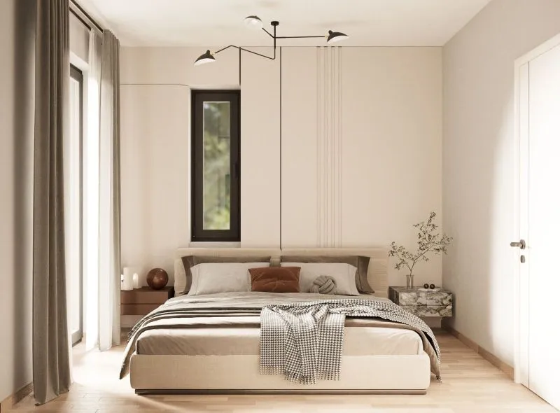 Bedroom with sculptural light fixture