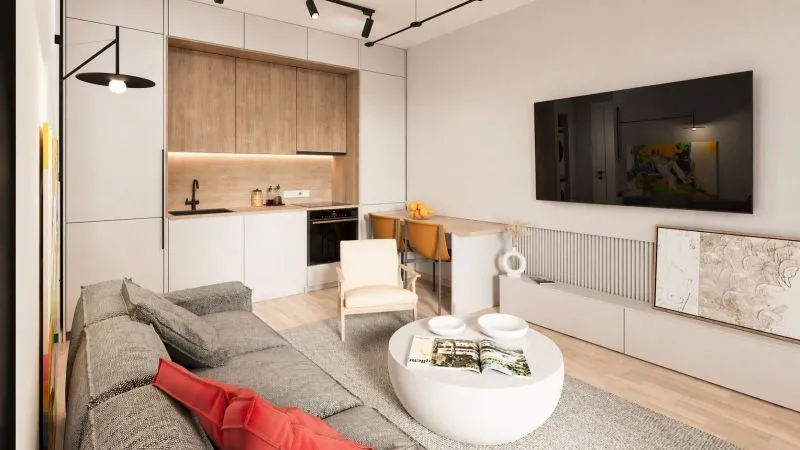 Living room with sofa and kitchen